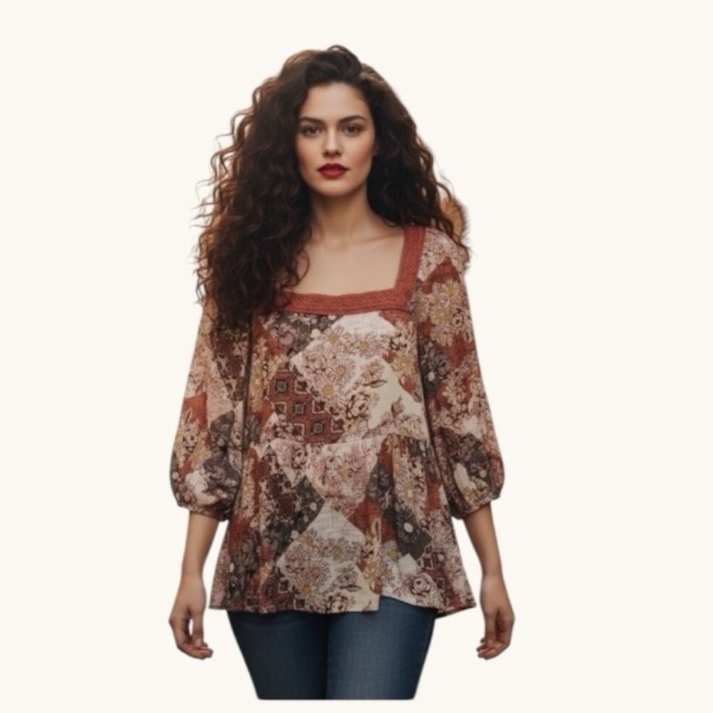 Maurices Patchwork Floral Babydoll Blouse Crochet Trim Size XXL